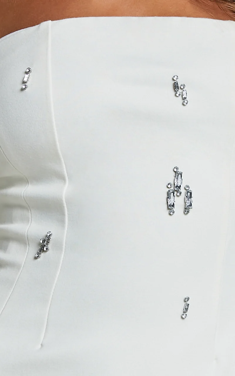 Anziel Mini Dress - Strapless Structured Cluster Embellishment Dress in White