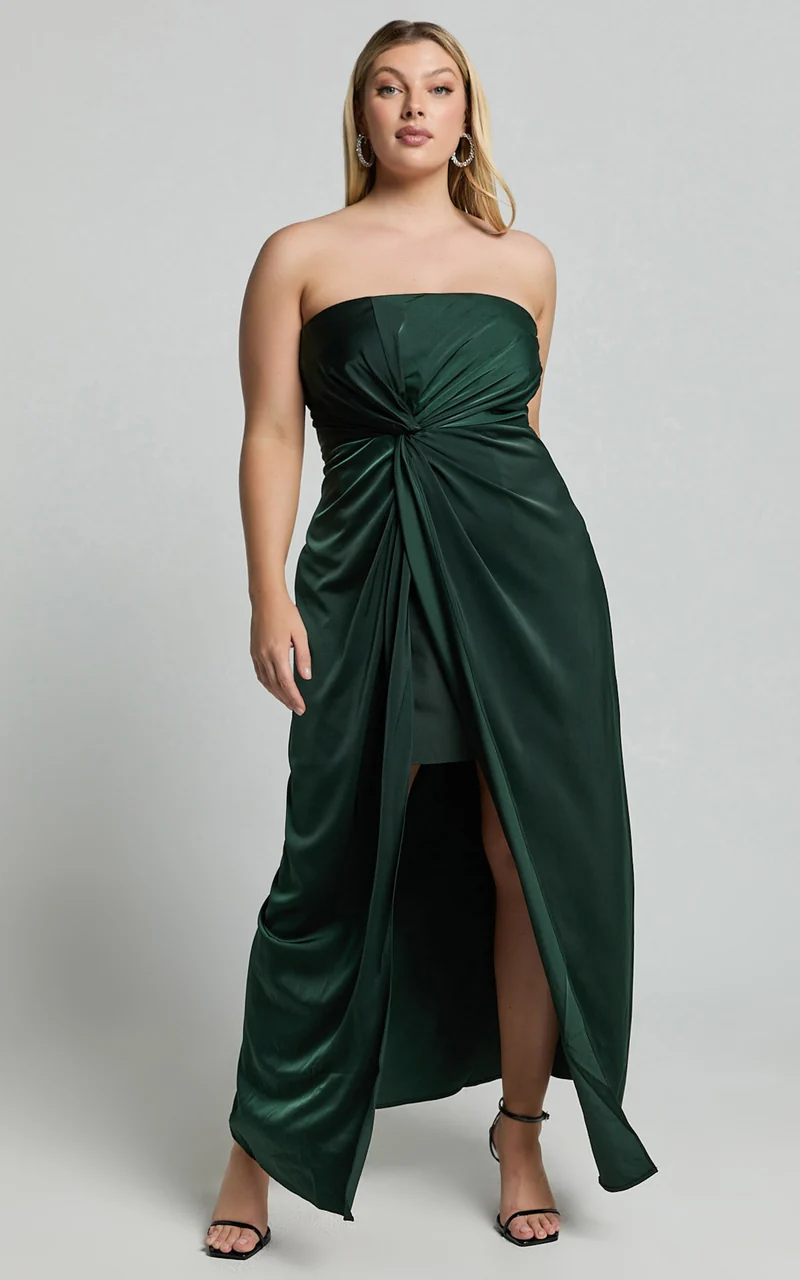 Hathaway Maxi Dress - Strapless Straight Neck Twist Front Split in Emerald