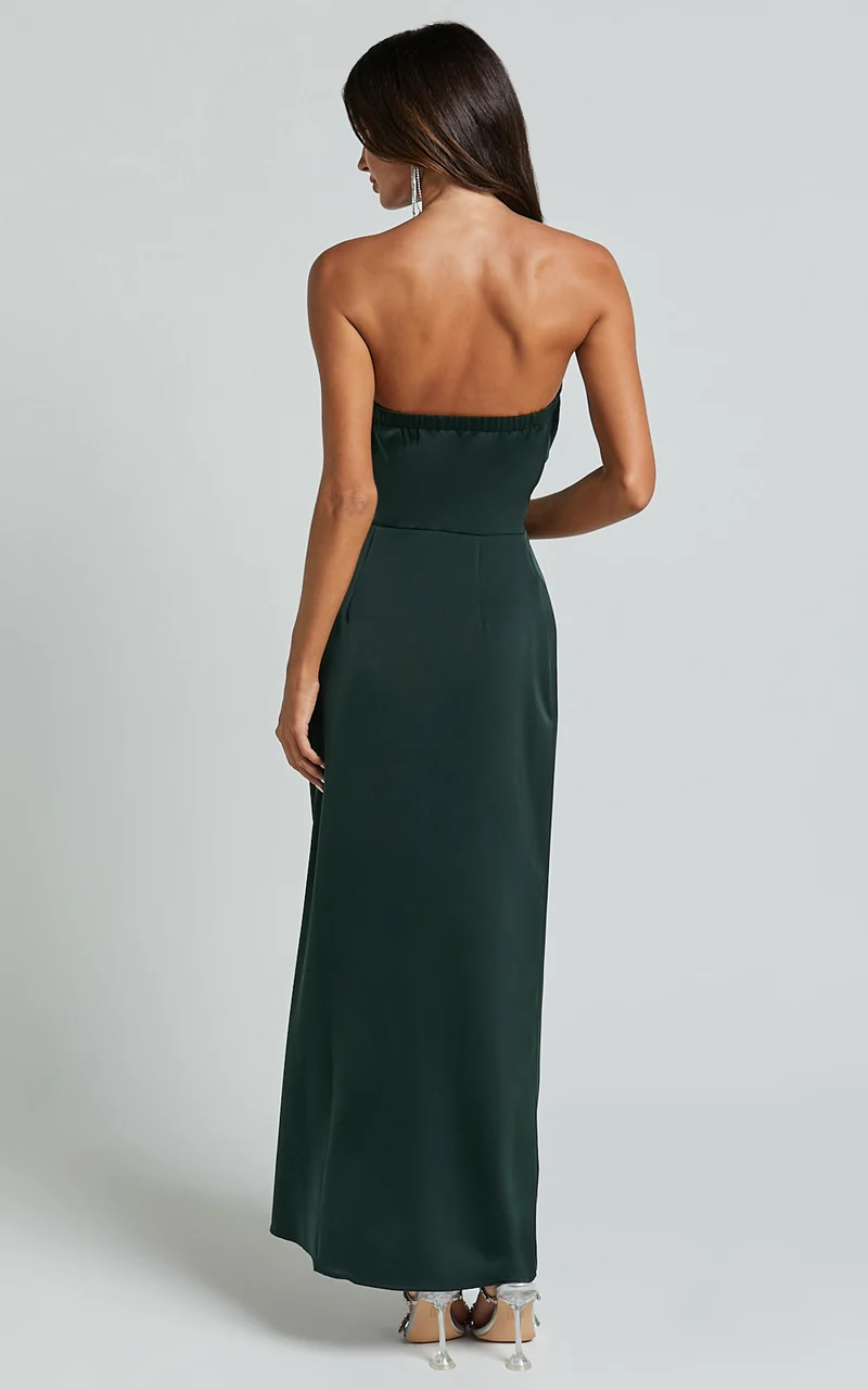 Hathaway Maxi Dress - Strapless Straight Neck Twist Front Split in Emerald