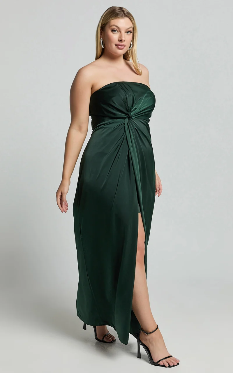 Hathaway Maxi Dress - Strapless Straight Neck Twist Front Split in Emerald