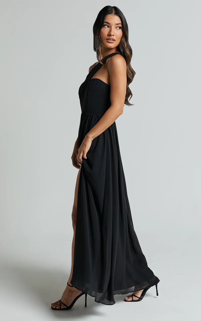Amorette Maxi Dress - One Shoulder Detail Gown Dress in Black