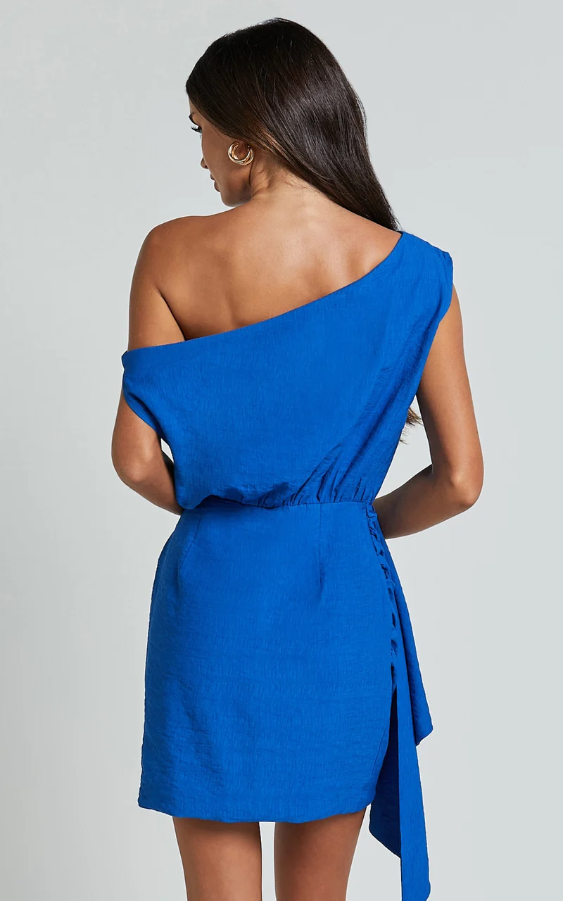 Niana Mini Dress - Drape One Shoulder Dress in Blue