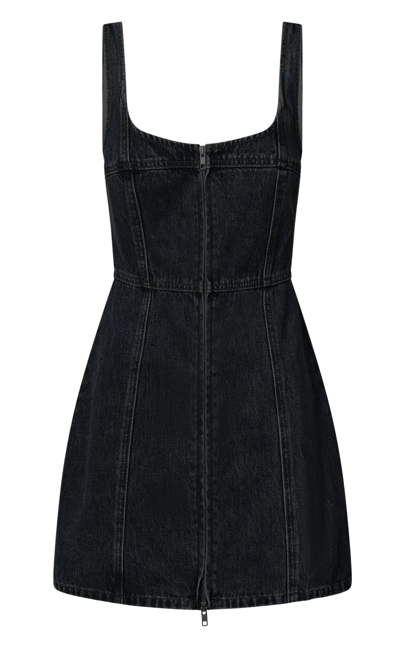 Chrysoula Mini Dress - Square Neck Zip Front Sleeveless Bodycon Denim in Washed Black