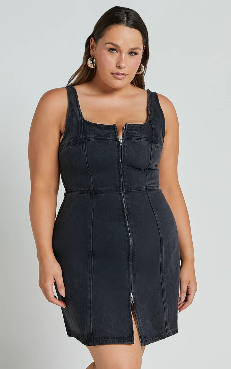 Chrysoula Mini Dress - Square Neck Zip Front Sleeveless Bodycon Denim in Washed Black
