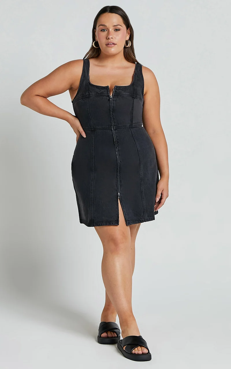 Chrysoula Mini Dress - Square Neck Zip Front Sleeveless Bodycon Denim in Washed Black