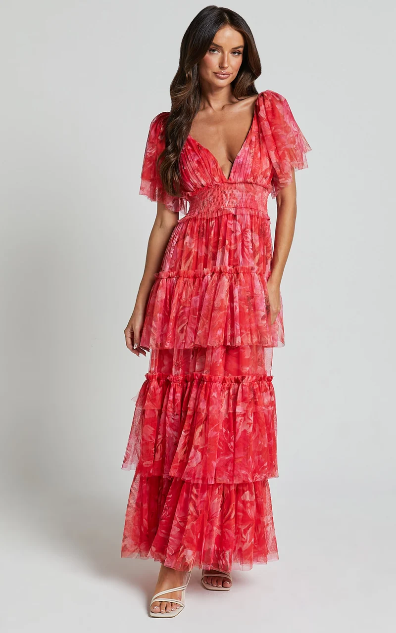 Leianna Midi Dress - Tulle Flutter Sleeve Tiered Ruffle Dress in Sunset Floral