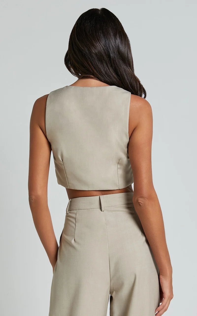 Izara Vest - V Neck Button Up Cropped Vest in Oatmeal