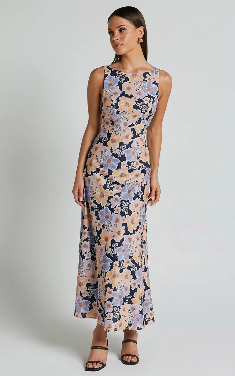 Jenibelle Midi Dress - Boat Neck Open Back Sleeveless Bias Cut Slip Dress in Mellow Floral