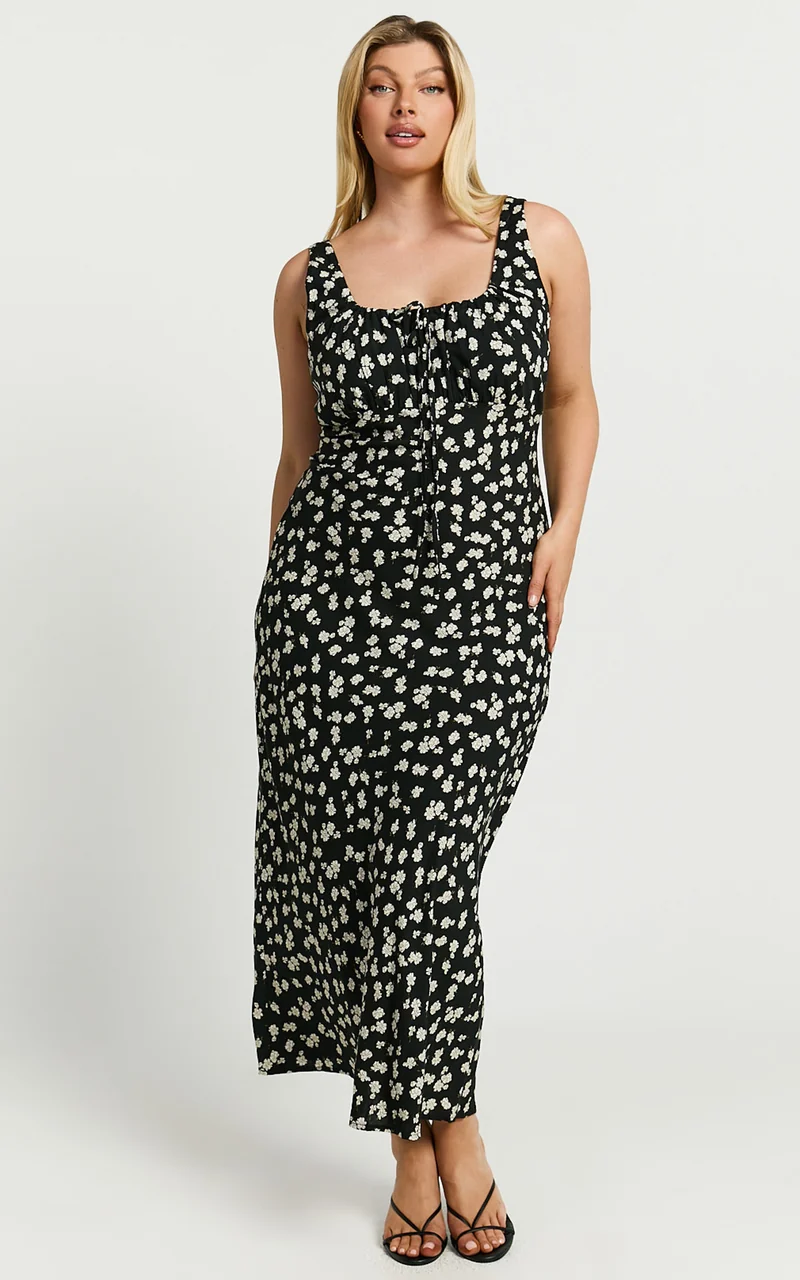 Elanora Midi Dress - Scoop Neck Keyhole Front Empire Waist Bias Cut Slip Dress in Black Wildflower