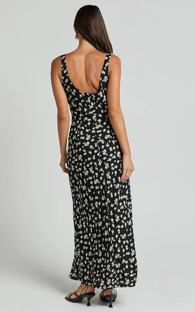 Elanora Midi Dress - Scoop Neck Keyhole Front Empire Waist Bias Cut Slip Dress in Black Wildflower