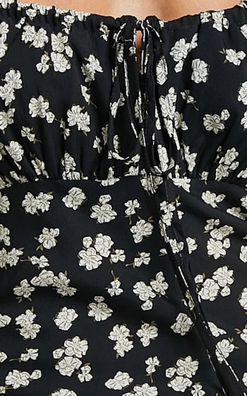 Elanora Midi Dress - Scoop Neck Keyhole Front Empire Waist Bias Cut Slip Dress in Black Wildflower