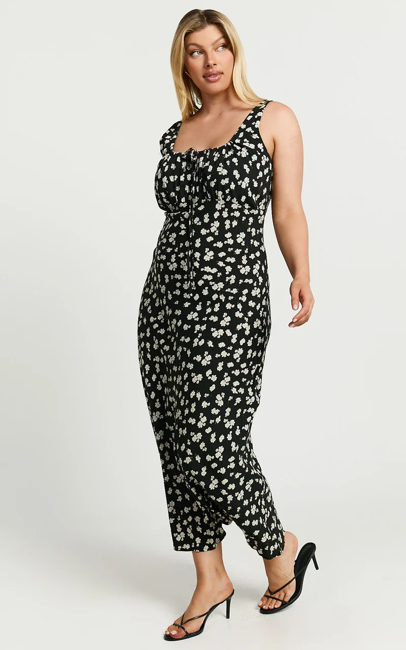 Elanora Midi Dress - Scoop Neck Keyhole Front Empire Waist Bias Cut Slip Dress in Black Wildflower