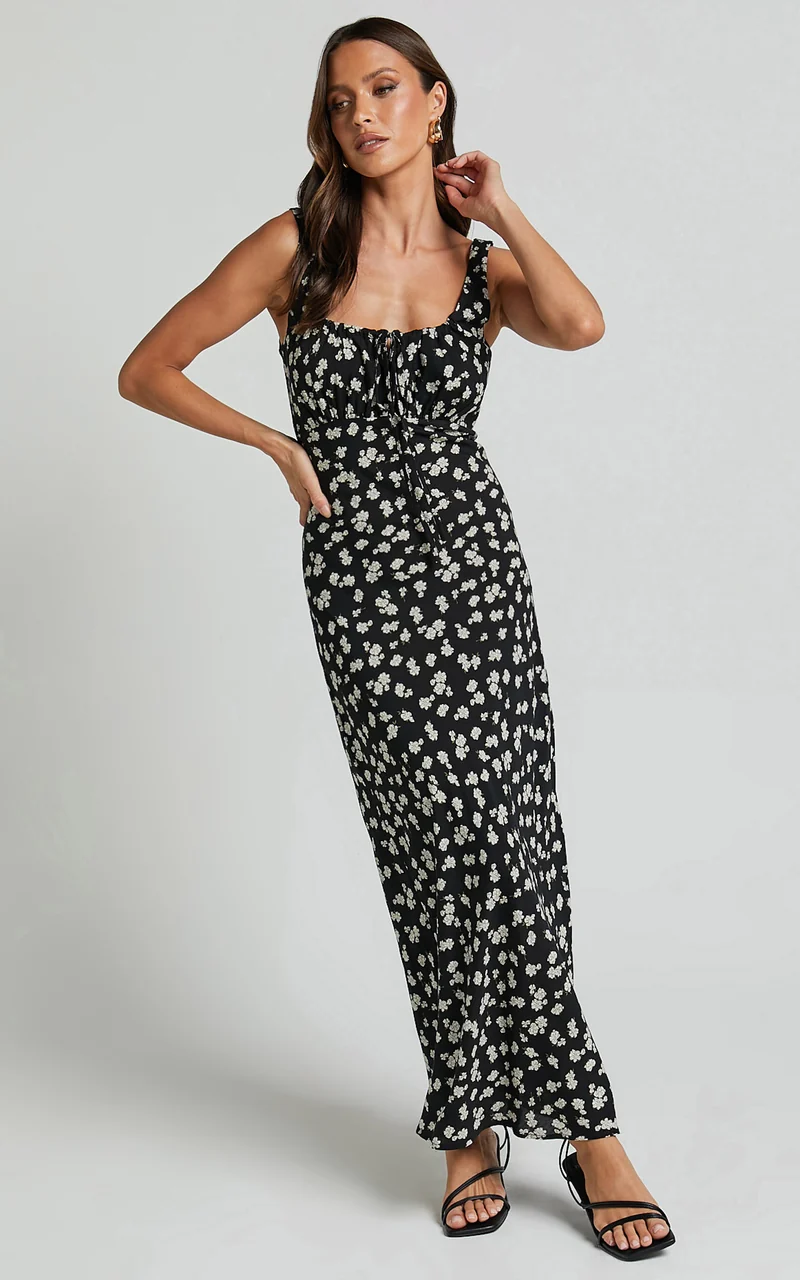 Elanora Midi Dress - Scoop Neck Keyhole Front Empire Waist Bias Cut Slip Dress in Black Wildflower