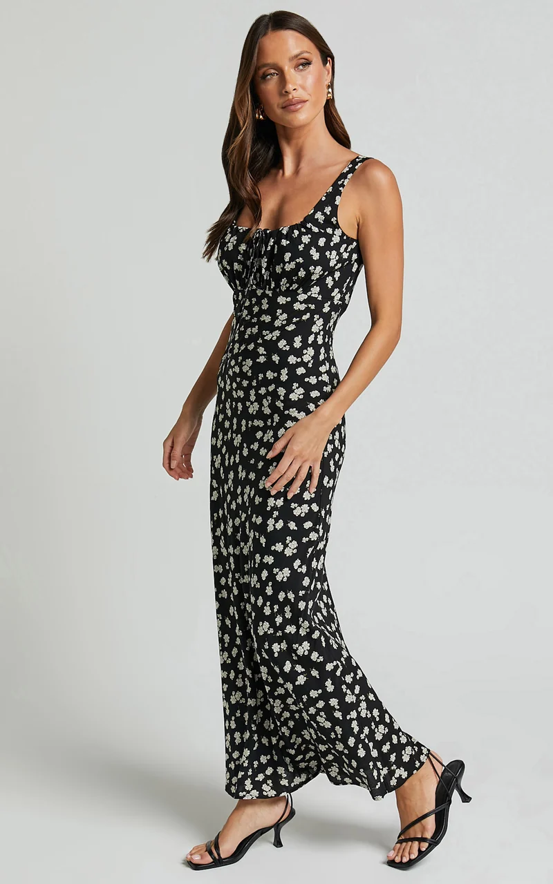 Elanora Midi Dress - Scoop Neck Keyhole Front Empire Waist Bias Cut Slip Dress in Black Wildflower