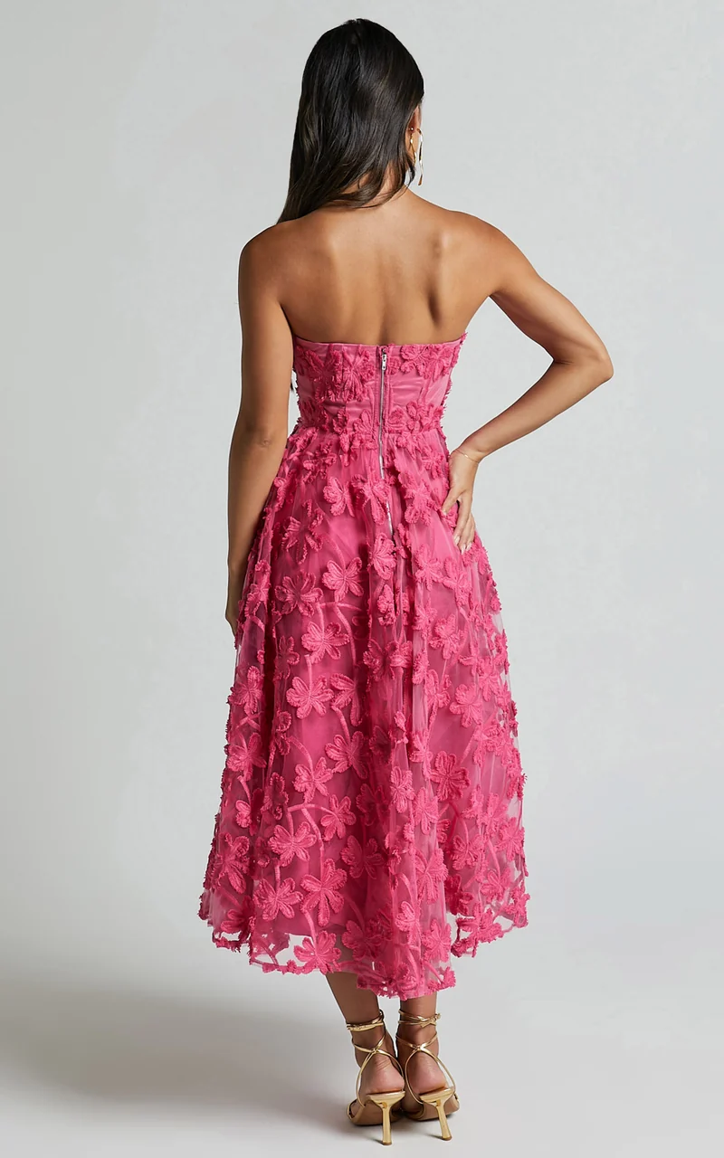 Rheiva Midi Dress - Strapless 3D Embroidery Midi Dress in Pink