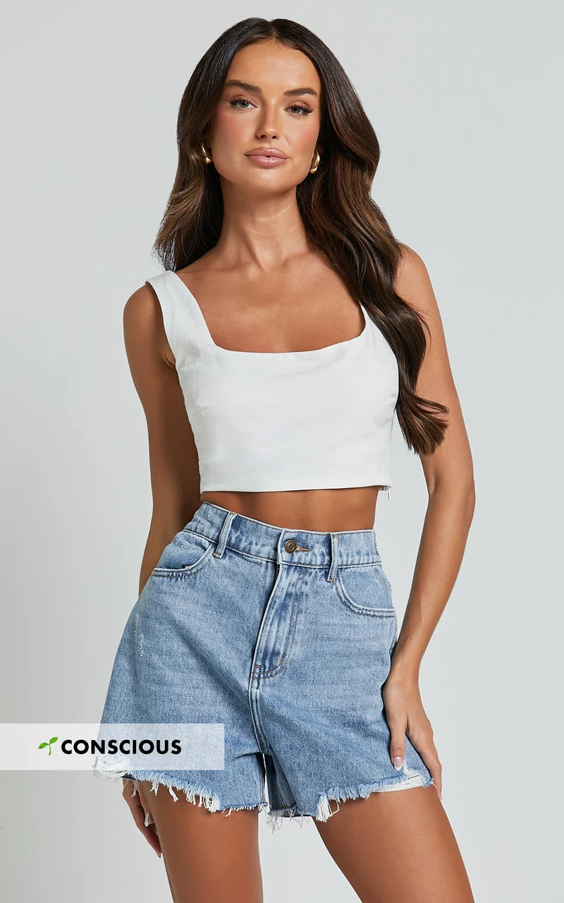 Renee Shorts - High Waisted Frayed Hem Denim Shorts in Light Blue Wash