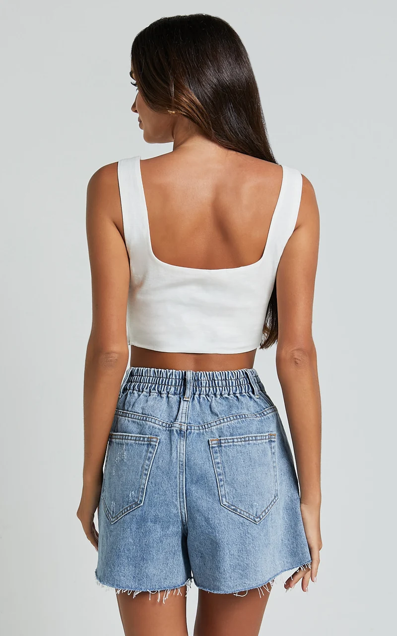 Renee Shorts - High Waisted Frayed Hem Denim Shorts in Light Blue Wash