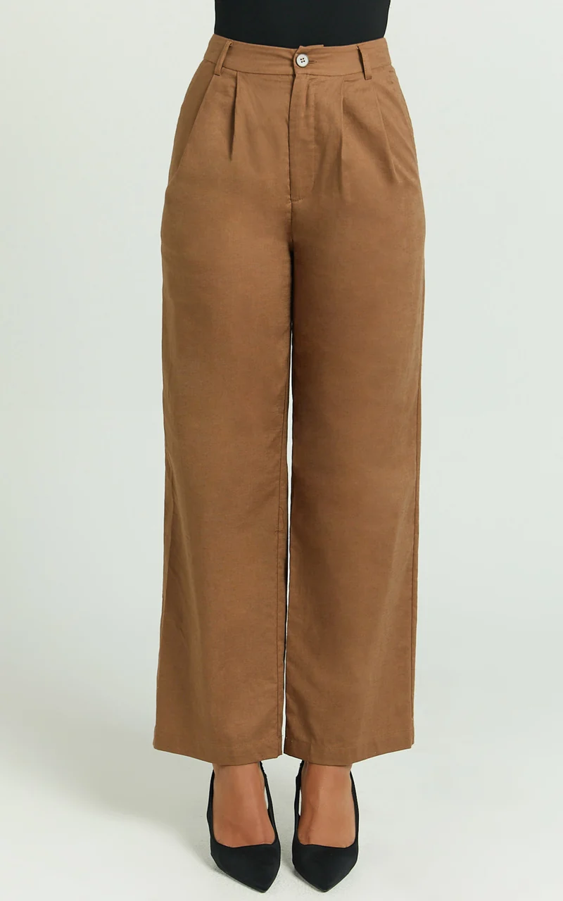 Celenia Linen Blend Pants - High Waisted Wide Leg Pants in Tobacco