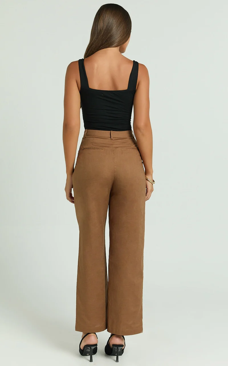 Celenia Linen Blend Pants - High Waisted Wide Leg Pants in Tobacco