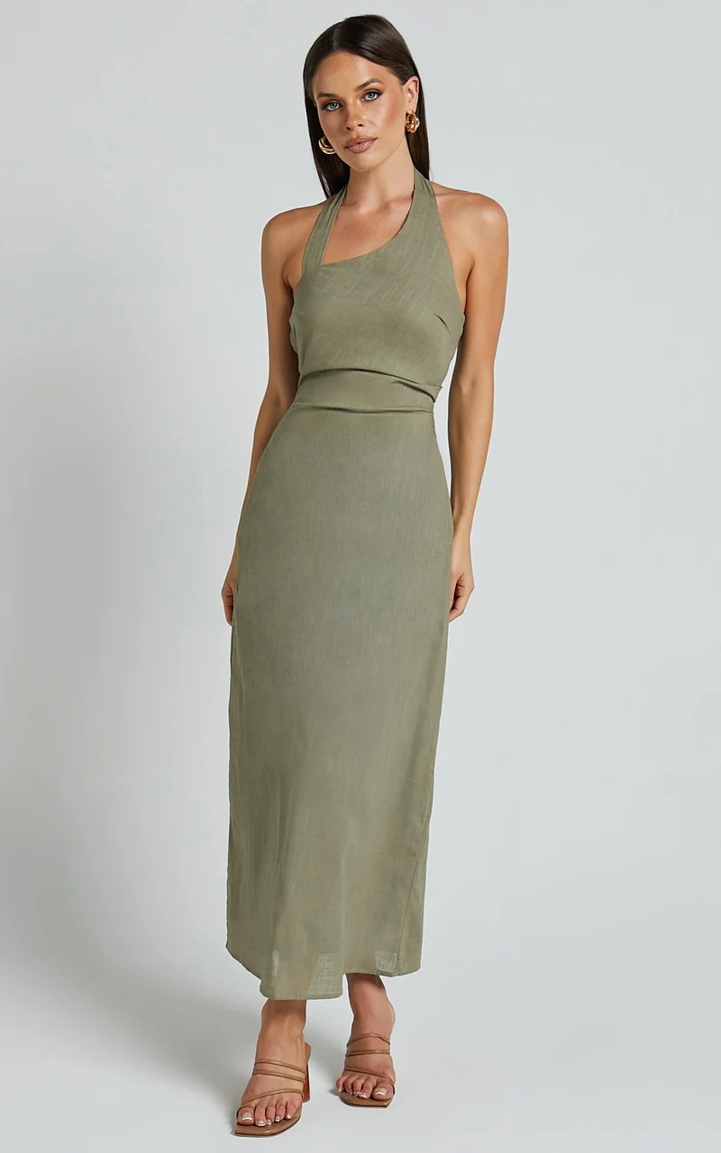 Lindley Midi Dress - Halter Neck Linen Look Dress in Olive