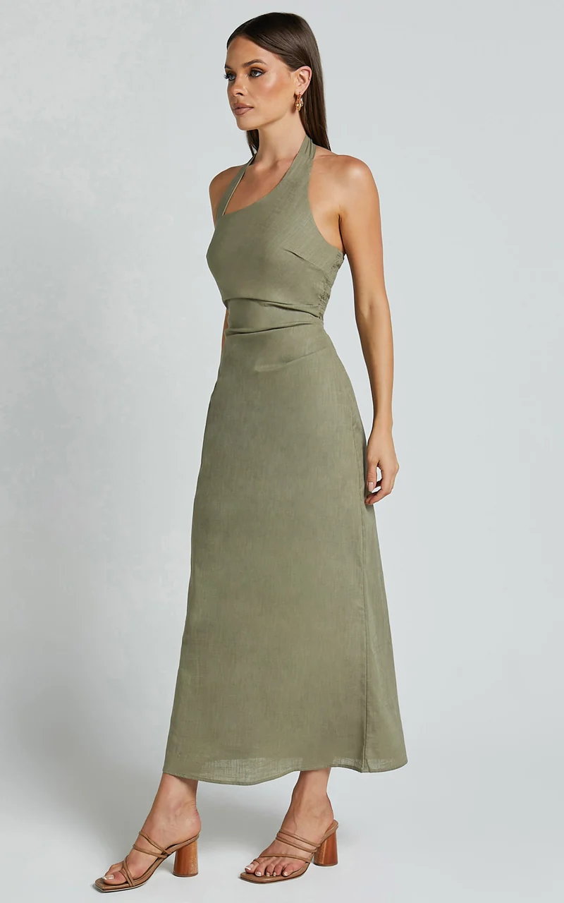 Lindley Midi Dress - Halter Neck Linen Look Dress in Olive