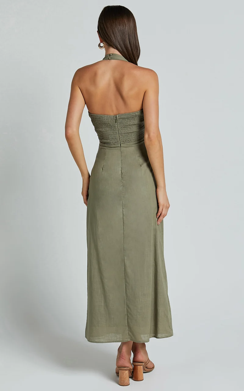 Lindley Midi Dress - Halter Neck Linen Look Dress in Olive