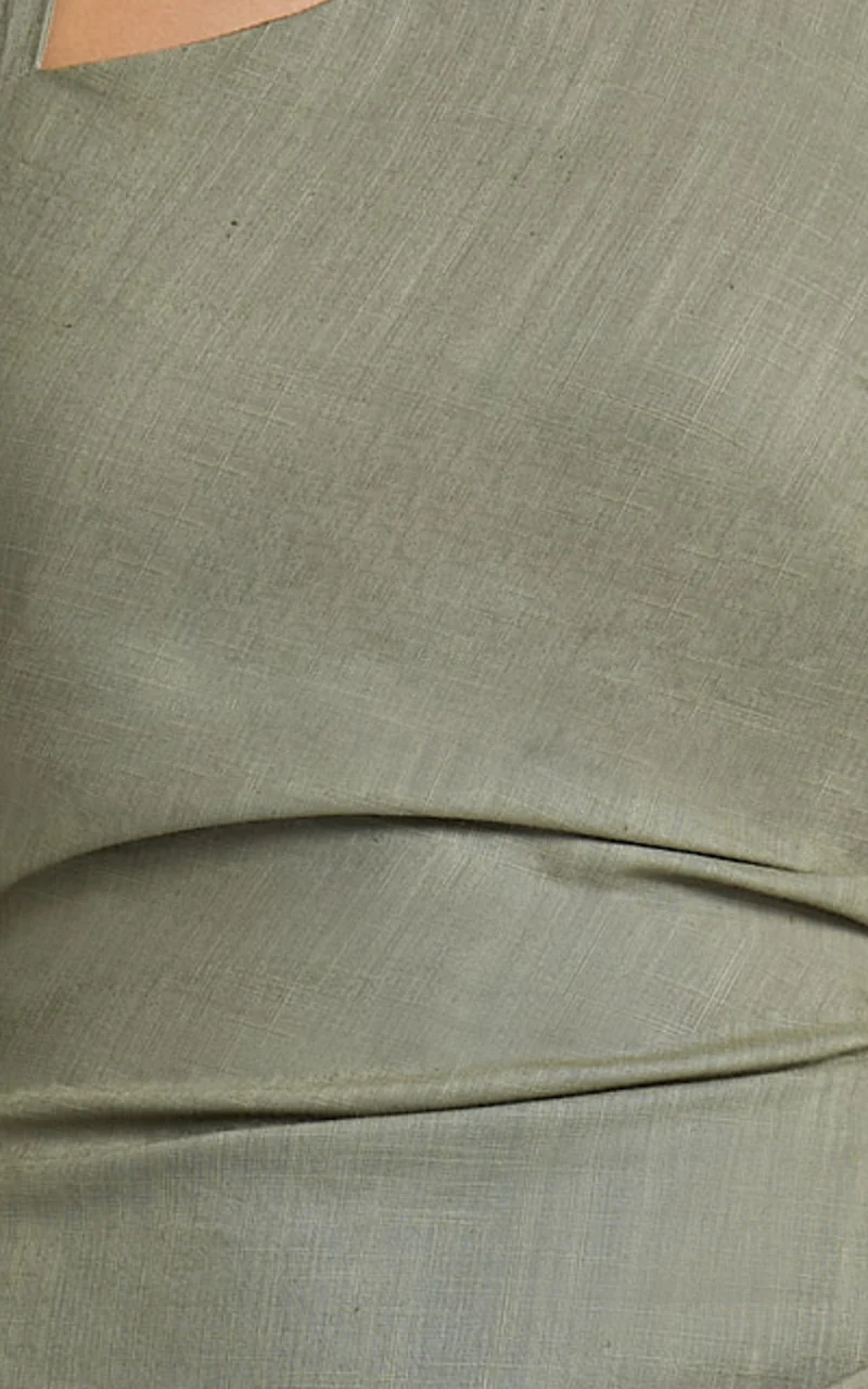 Lindley Midi Dress - Halter Neck Linen Look Dress in Olive