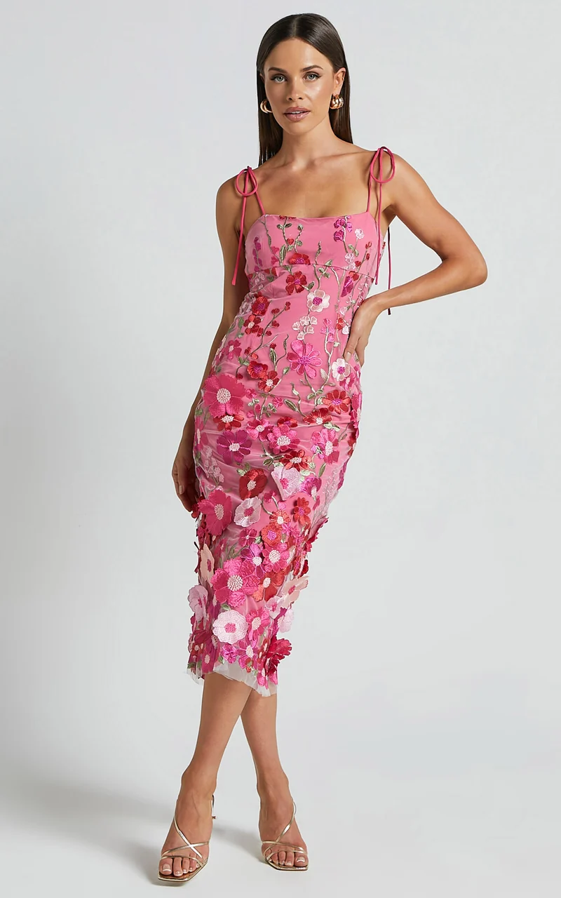 Jamich Midi Dress - Straight Neck Tie Strap Pencil Dress in Magenta