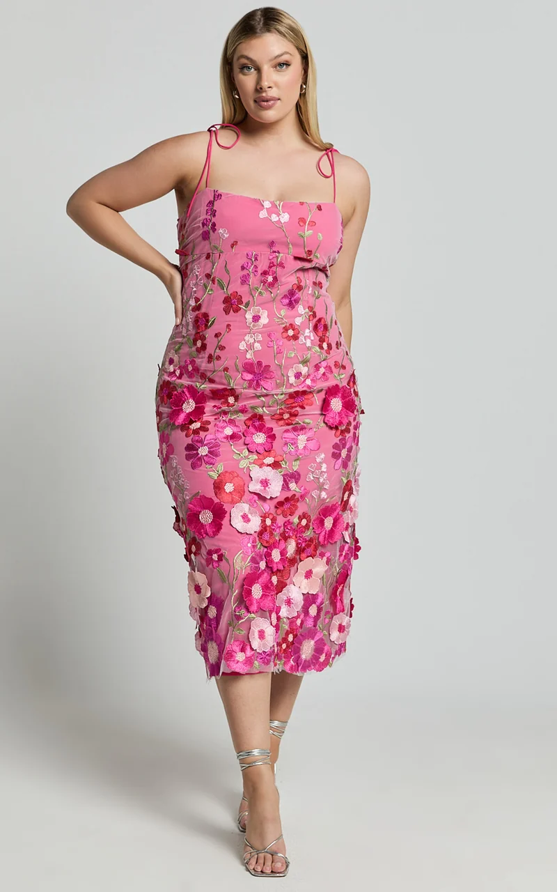Jamich Midi Dress - Straight Neck Tie Strap Pencil Dress in Magenta