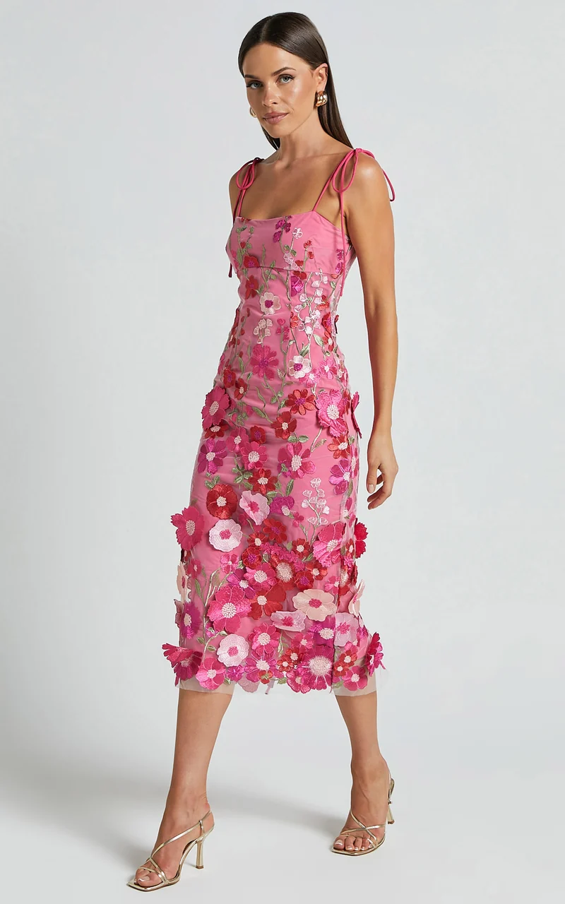 Jamich Midi Dress - Straight Neck Tie Strap Pencil Dress in Magenta