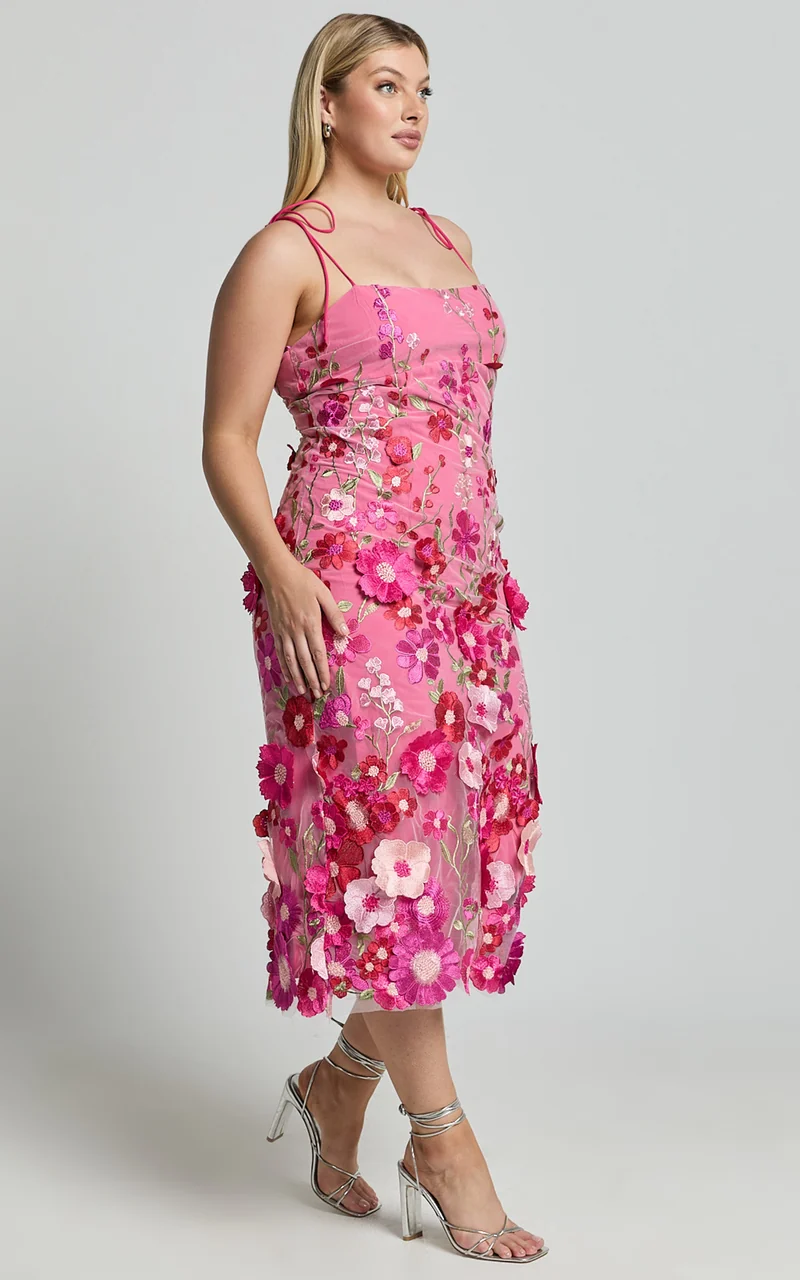 Jamich Midi Dress - Straight Neck Tie Strap Pencil Dress in Magenta