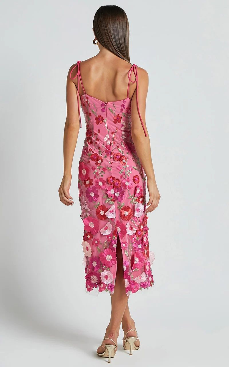 Jamich Midi Dress - Straight Neck Tie Strap Pencil Dress in Magenta