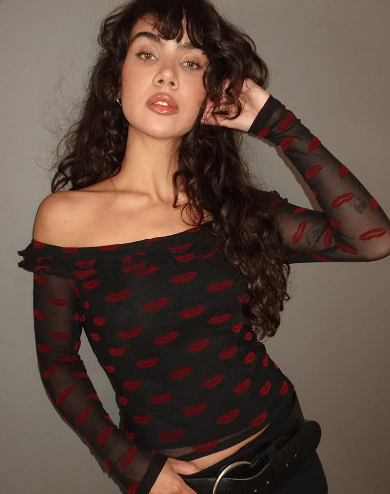 Nihal - Top bardot à volants - Lips Flock - Noir