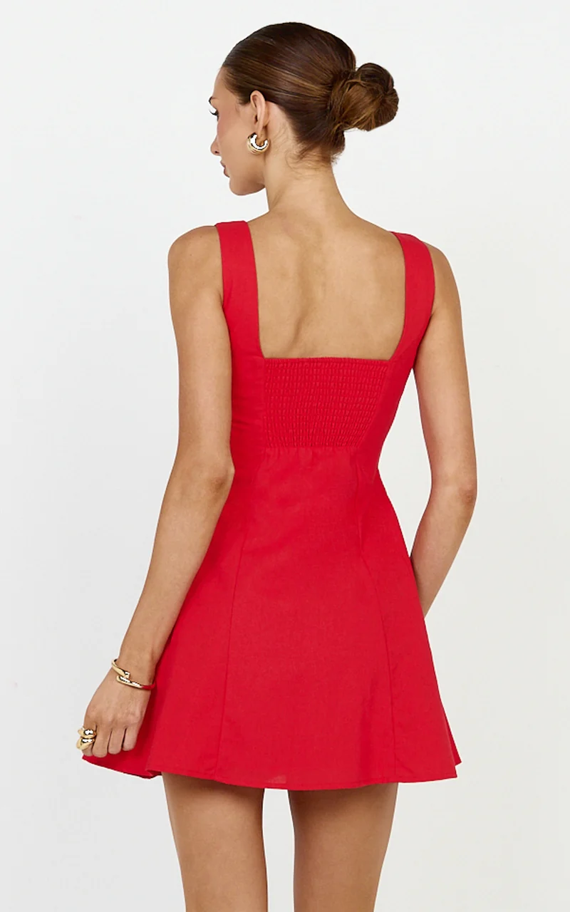 Adiana Mini Dress - Linen Square Neck Shirred Back A Line Dress in Red