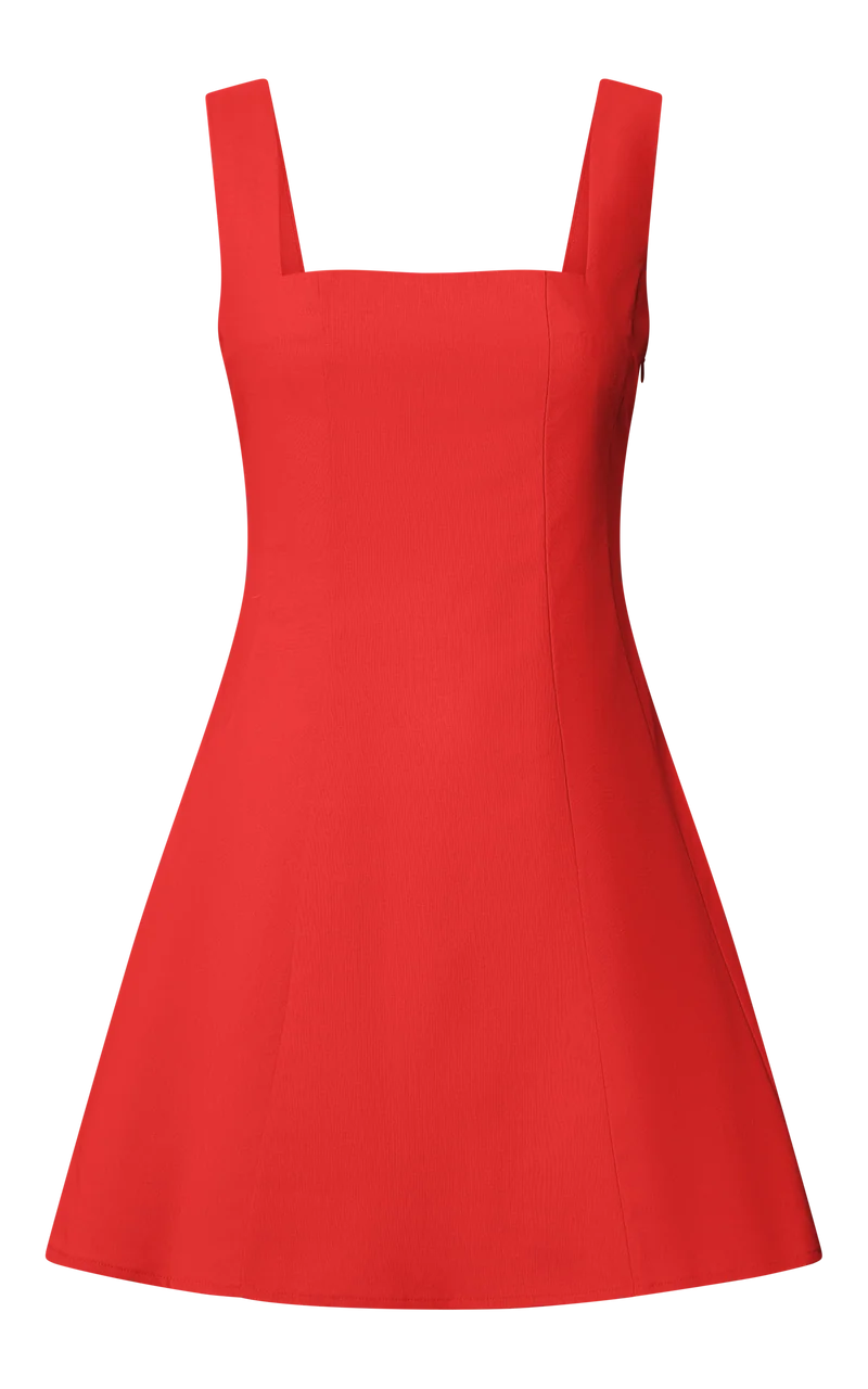 Adiana Mini Dress - Linen Square Neck Shirred Back A Line Dress in Red