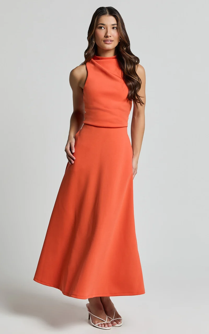 Macy Midi Dress - High Neck A Line Dress in Orange