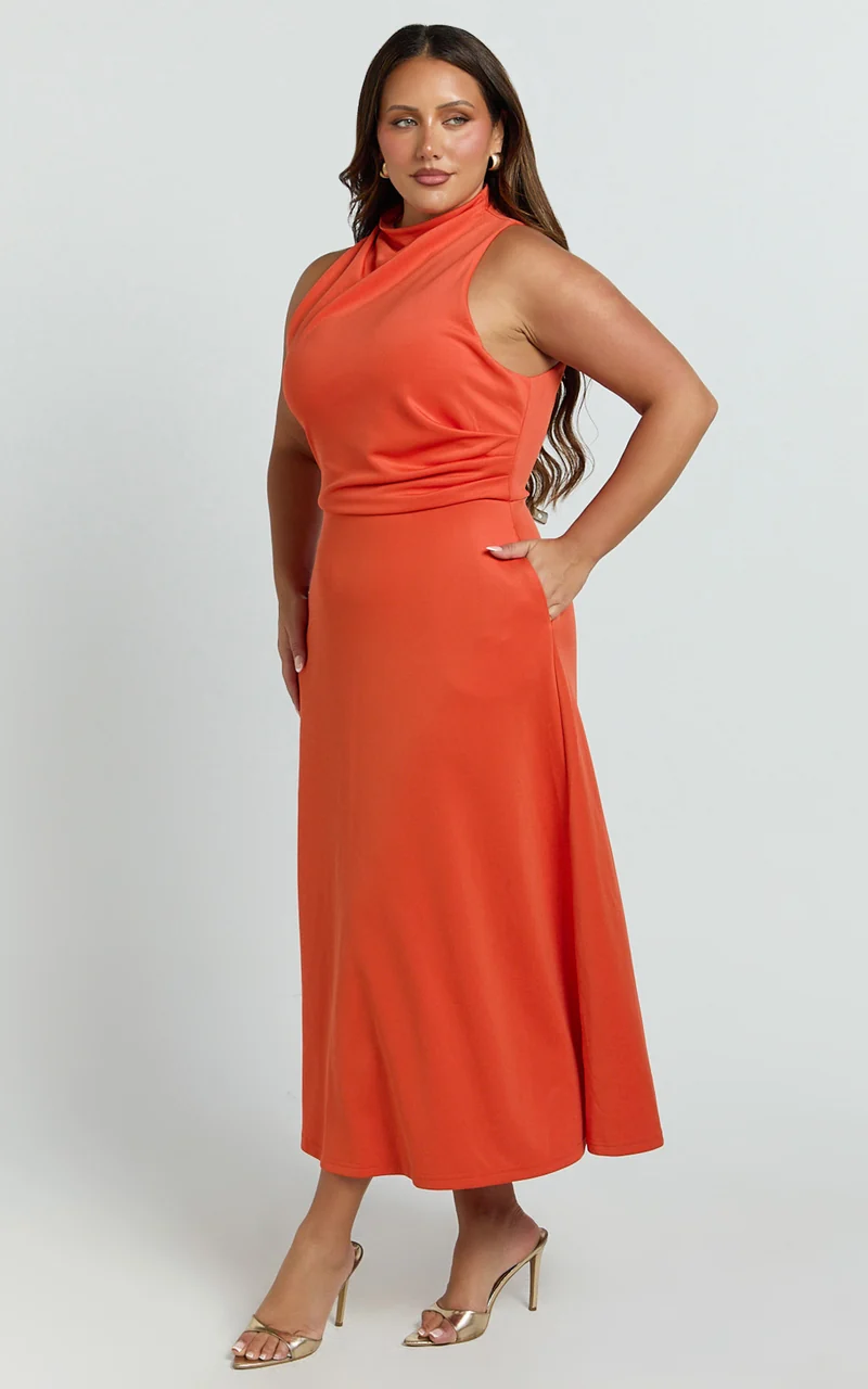 Macy Midi Dress - High Neck A Line Dress in Orange