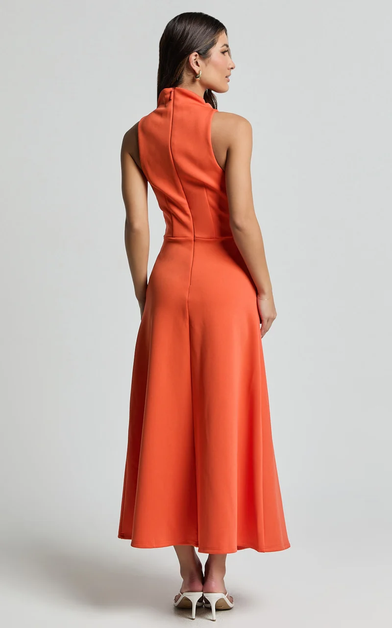 Macy Midi Dress - High Neck A Line Dress in Orange