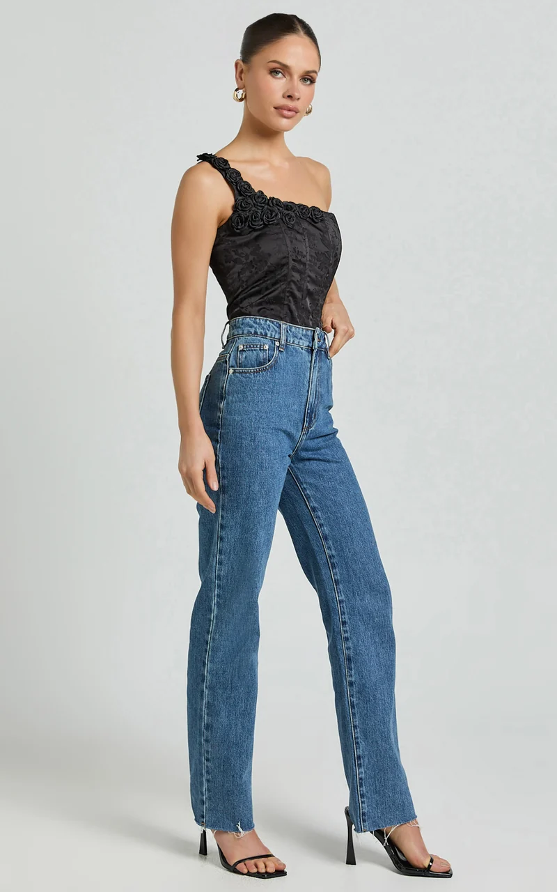Gemma Top - One Shoulder Rosette Detail Top in Black
