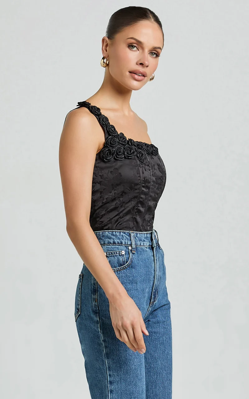 Gemma Top - One Shoulder Rosette Detail Top in Black