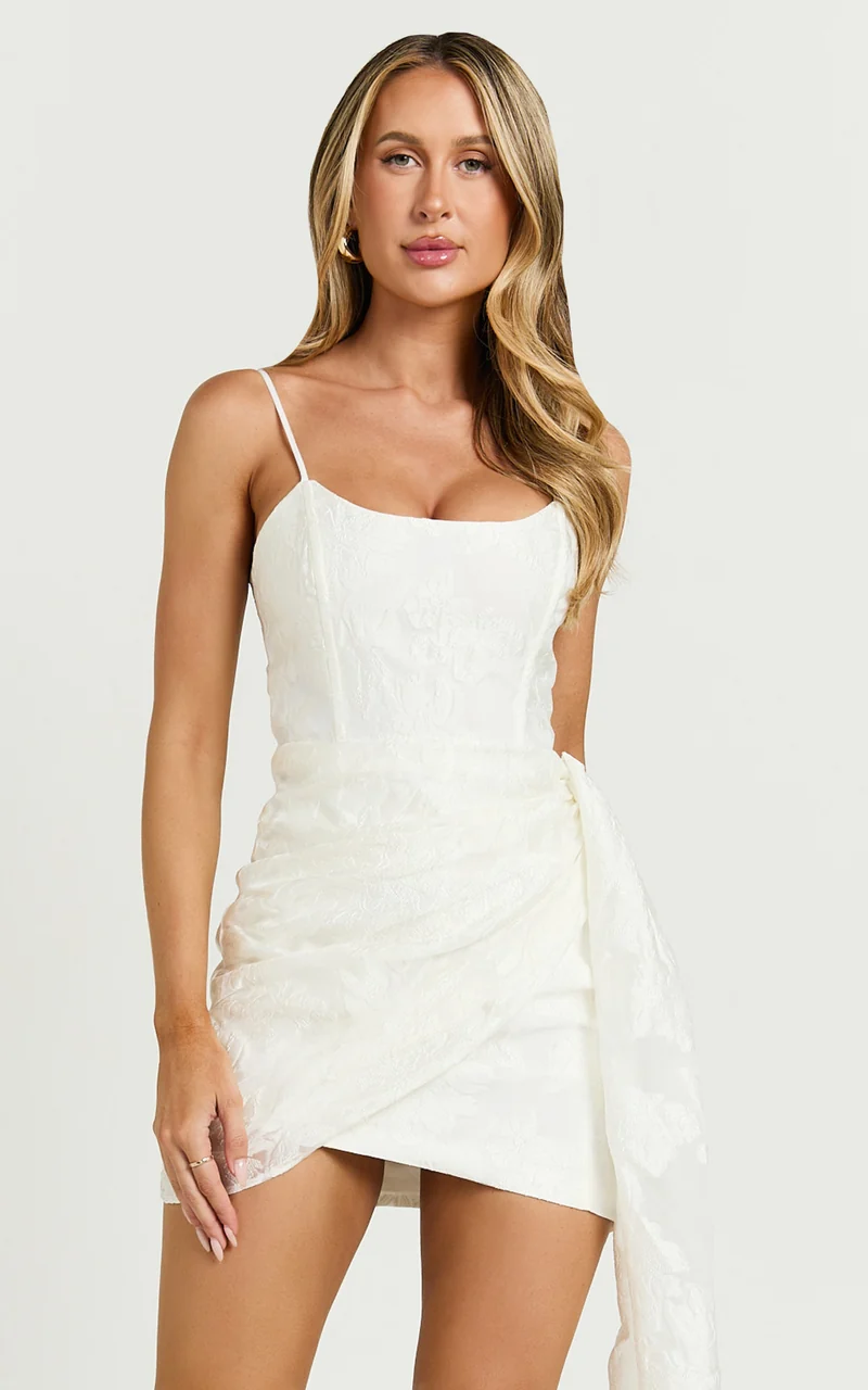 Laine Mini Dress - Jacquard Draped Dress in White