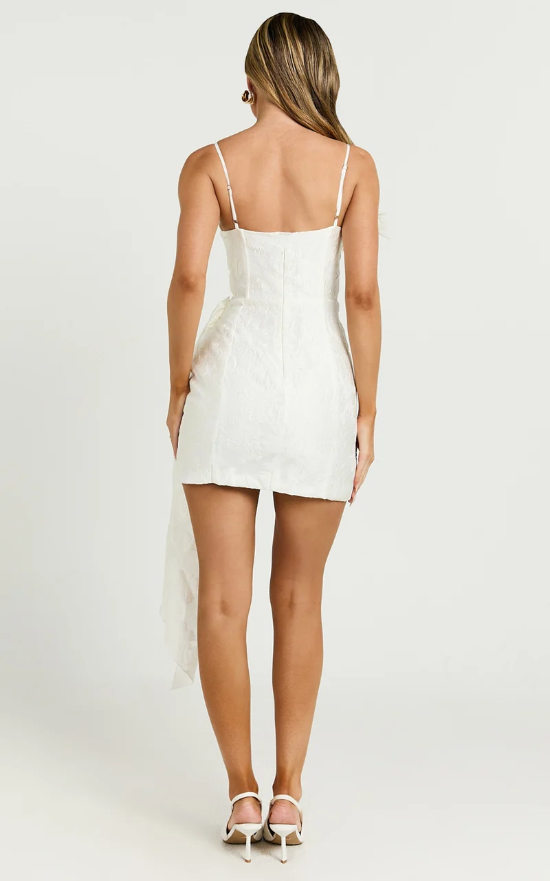 Laine Mini Dress - Jacquard Draped Dress in White