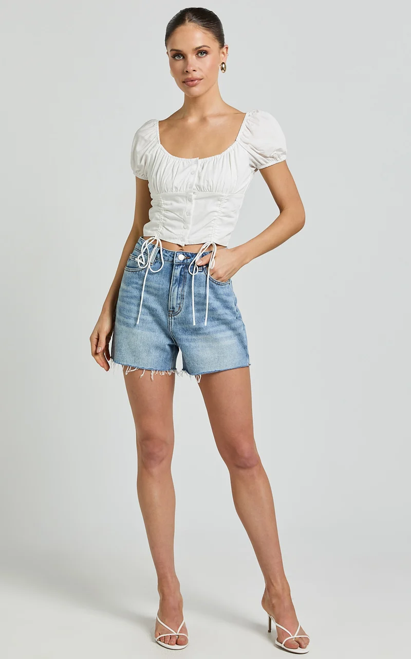 Valerie Top - Puff Sleeve Ruched Button Front Tie Hem Top in White