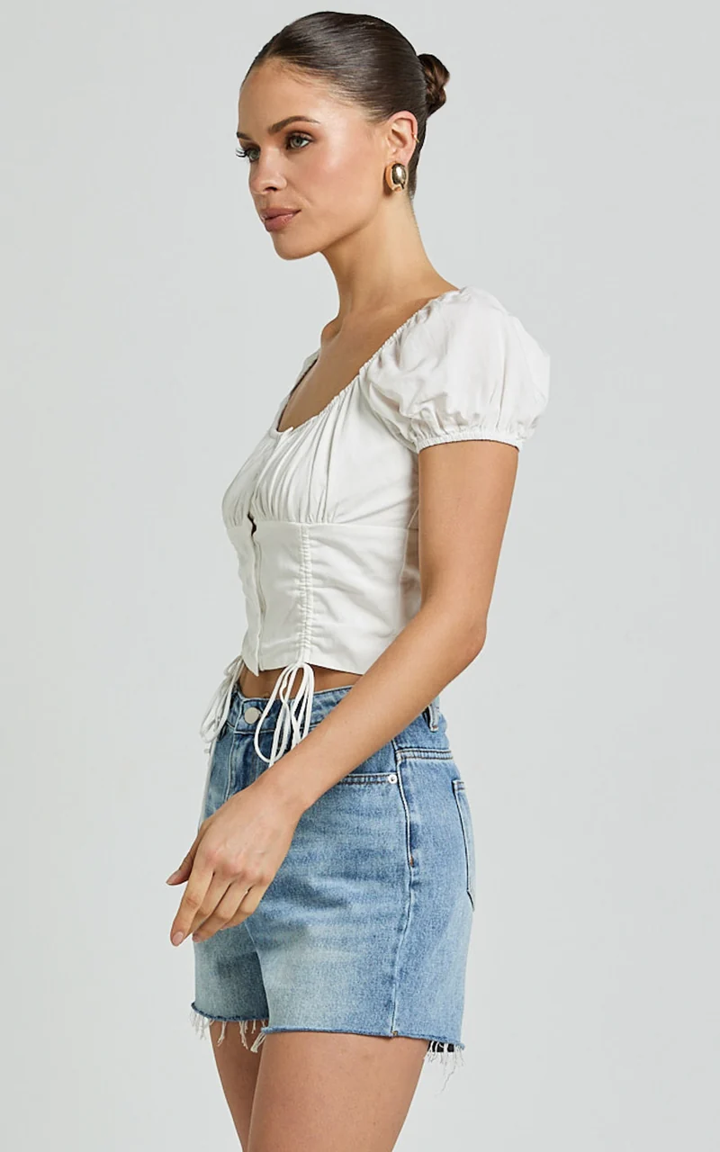 Valerie Top - Puff Sleeve Ruched Button Front Tie Hem Top in White