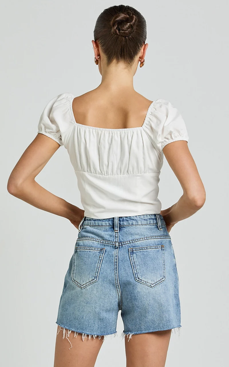 Valerie Top - Puff Sleeve Ruched Button Front Tie Hem Top in White