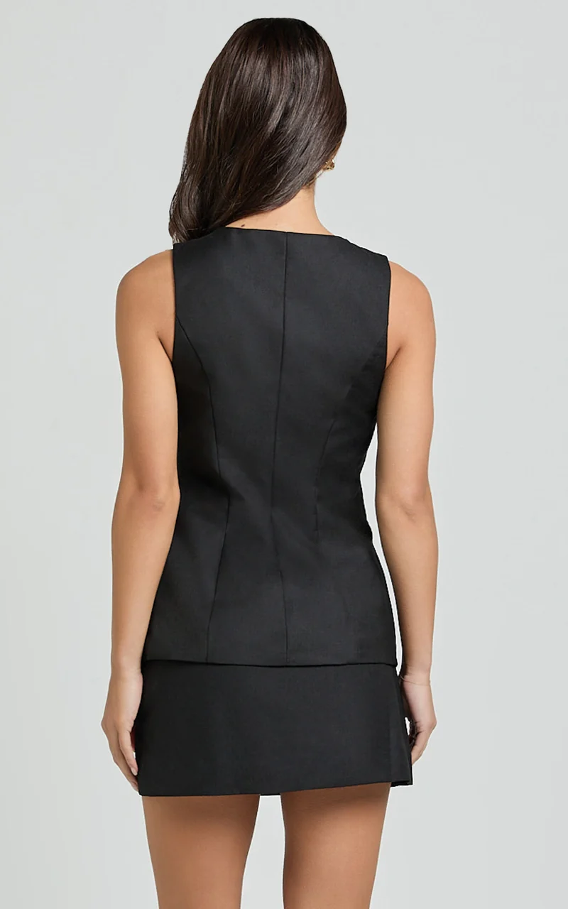 Desi Top - Longline Crew Neck Vest Top in Black
