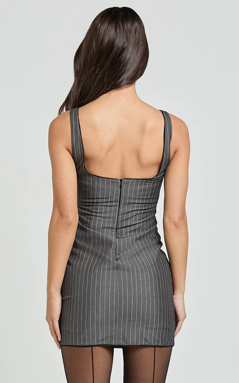 Tracey Mini Dress - Scoop Neck Bodycon Detailed Hem Dress in Charcoal Pinstripe