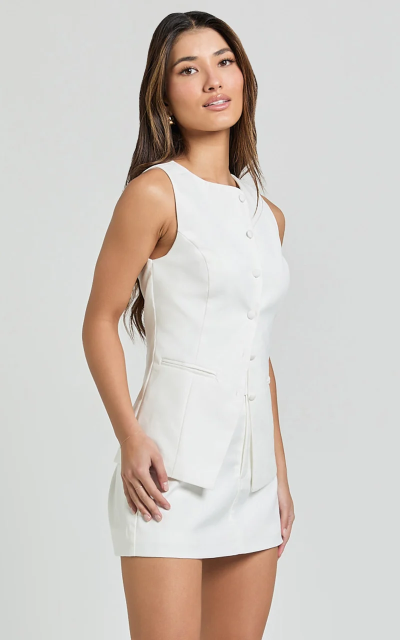 Desi Top - Longline Crew Neck Vest Top in Warm White