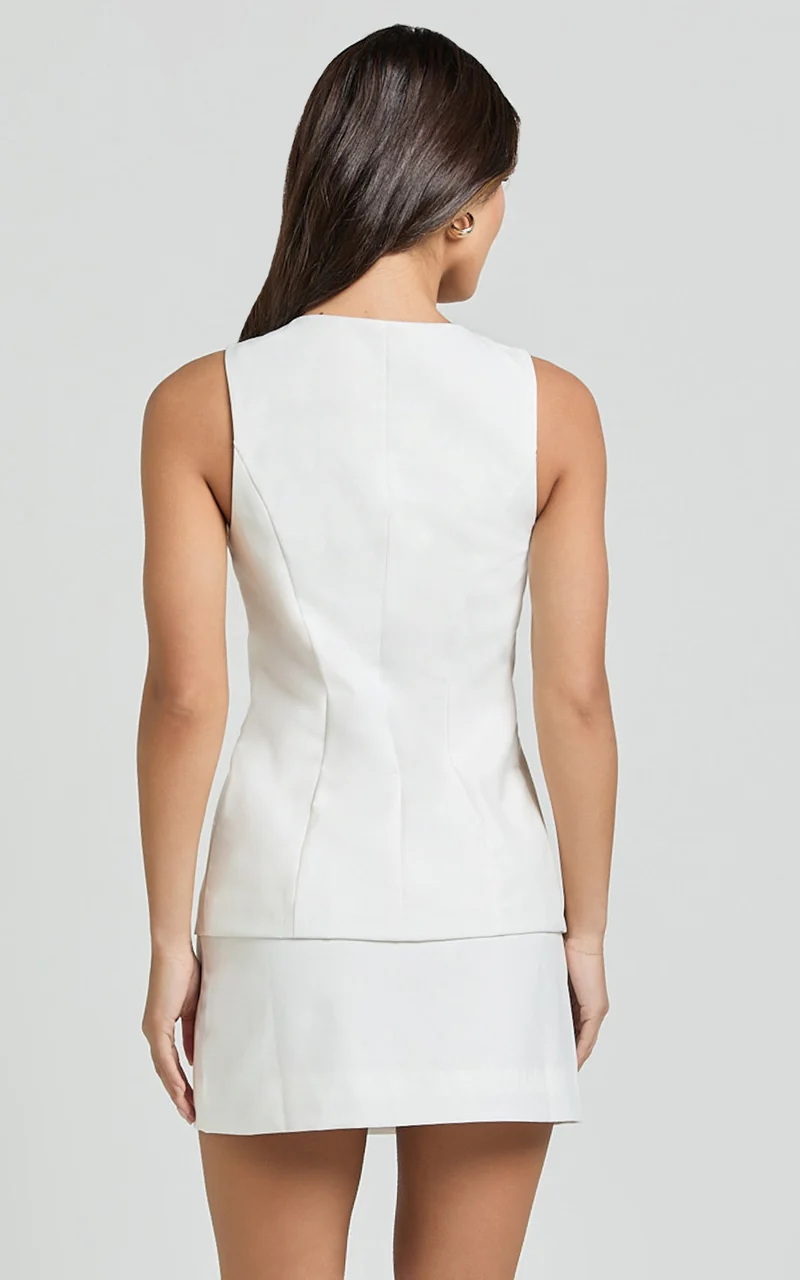 Desi Top - Longline Crew Neck Vest Top in Warm White