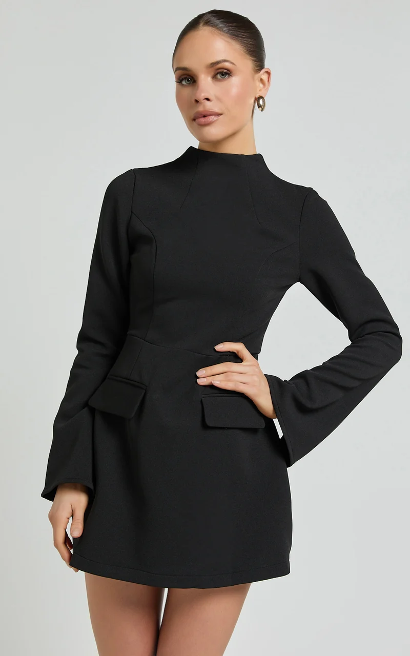 Carlson Mini Dress - High Neck Sleeve Cocoon Skirt Dress in Black
